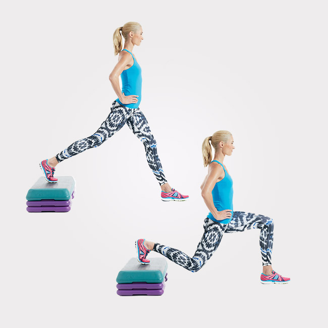 lunges on one leg on a step platform